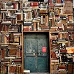Photo of a door surrounded on three sides by books on shelves to represent a portfolio.